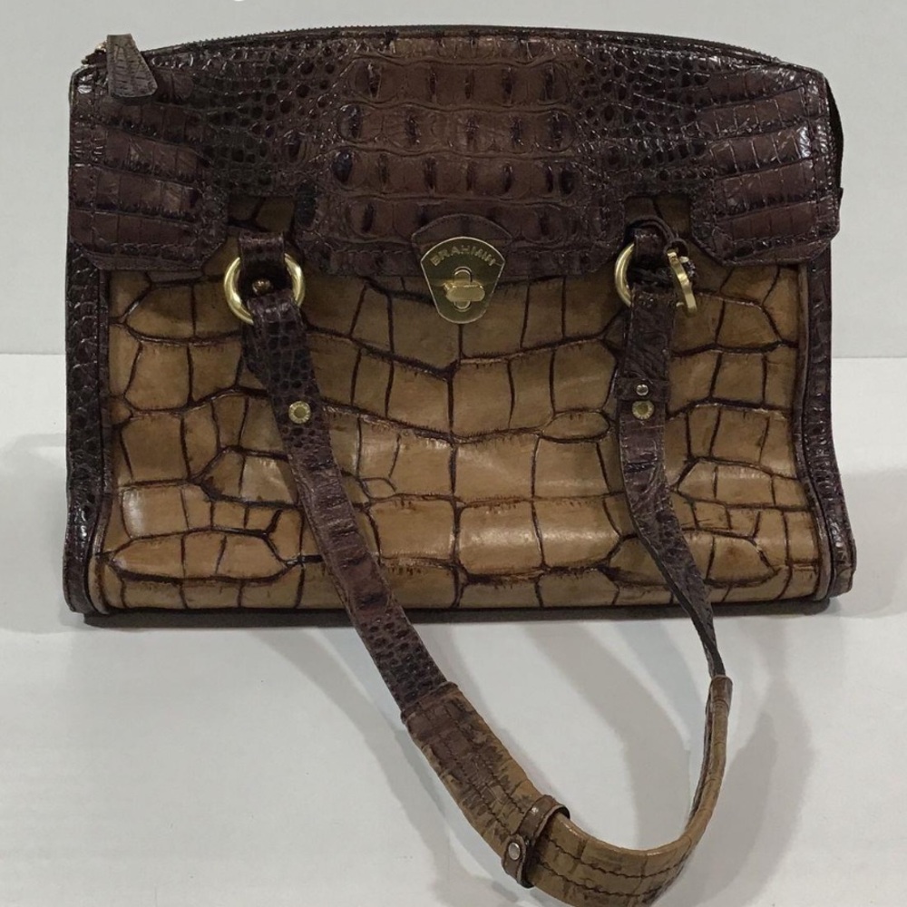 Brahmin Brown/Tan Embossed Crocodile Pattern Women's Satchel Shoulder Bag